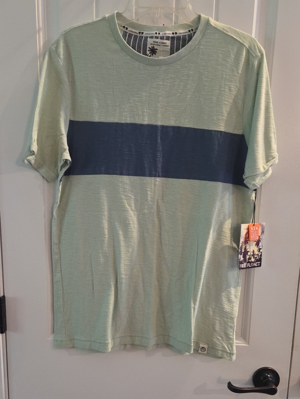 Free Planet Mint Green Short Sleeve Tee with Navy Chest Stripe